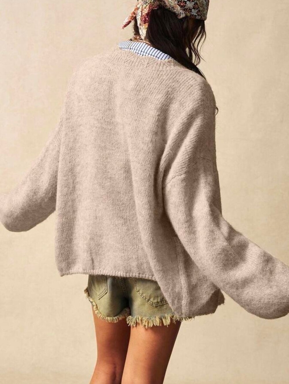 New Oversized Scalloped Trim Button Up Knit Cardigan Sweater Pockets Beige Tan - Picture 4 of 10